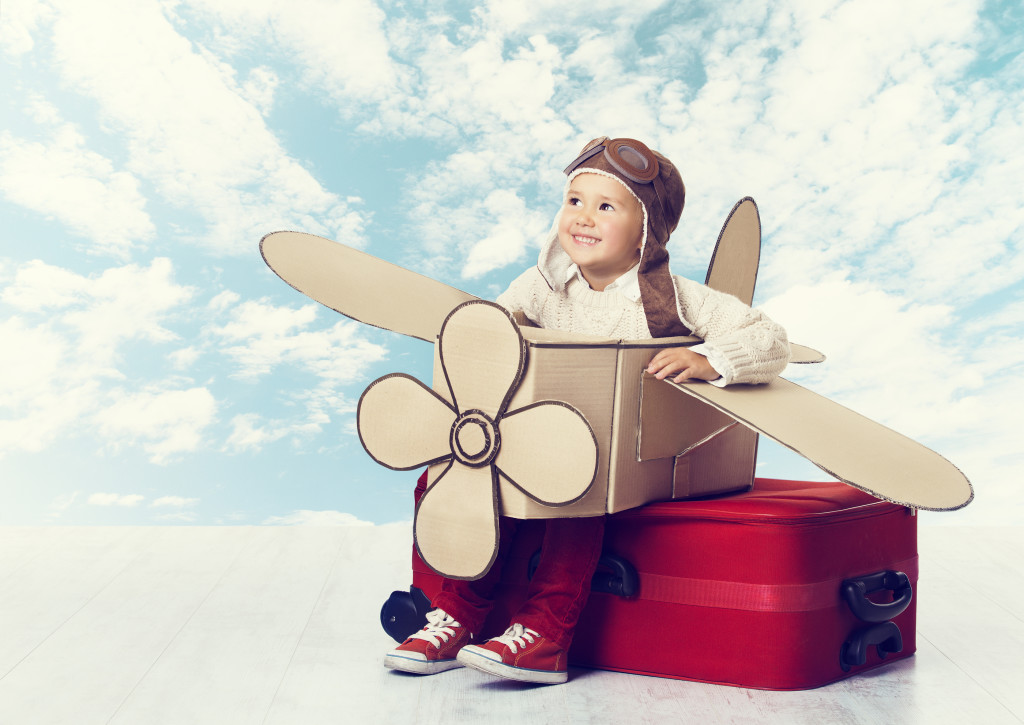 Little Child Playing Airplane Pilot, Kid Traveler Flying In Avia